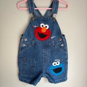 VTG y2k Sesame Street denim shortalls Elmo Cookie Monster 18 mo